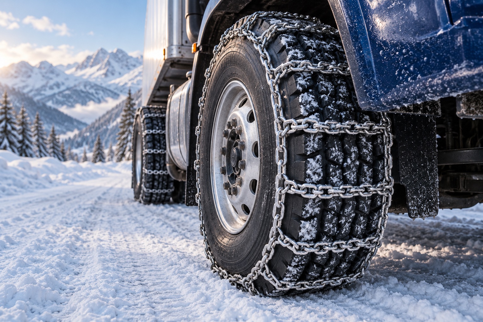 Illustration of snow chains fitted to a truck tire on snow-covered ground