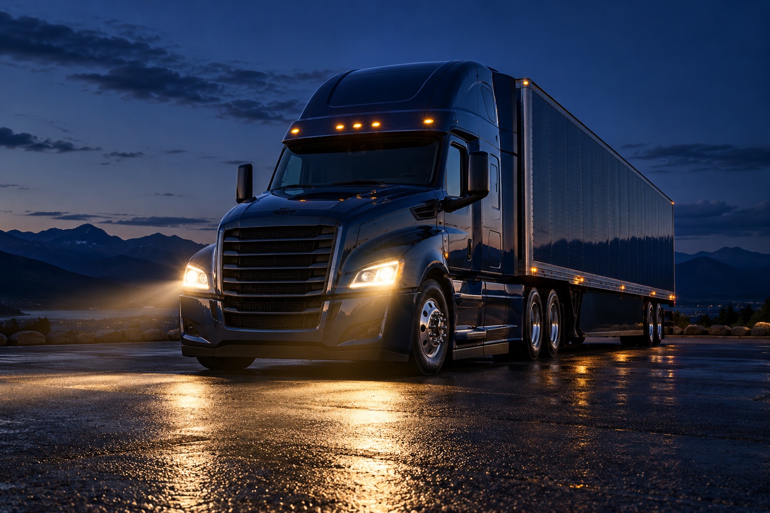 Illustration of a semi truck with headlights and amber marker lights shining in the dark