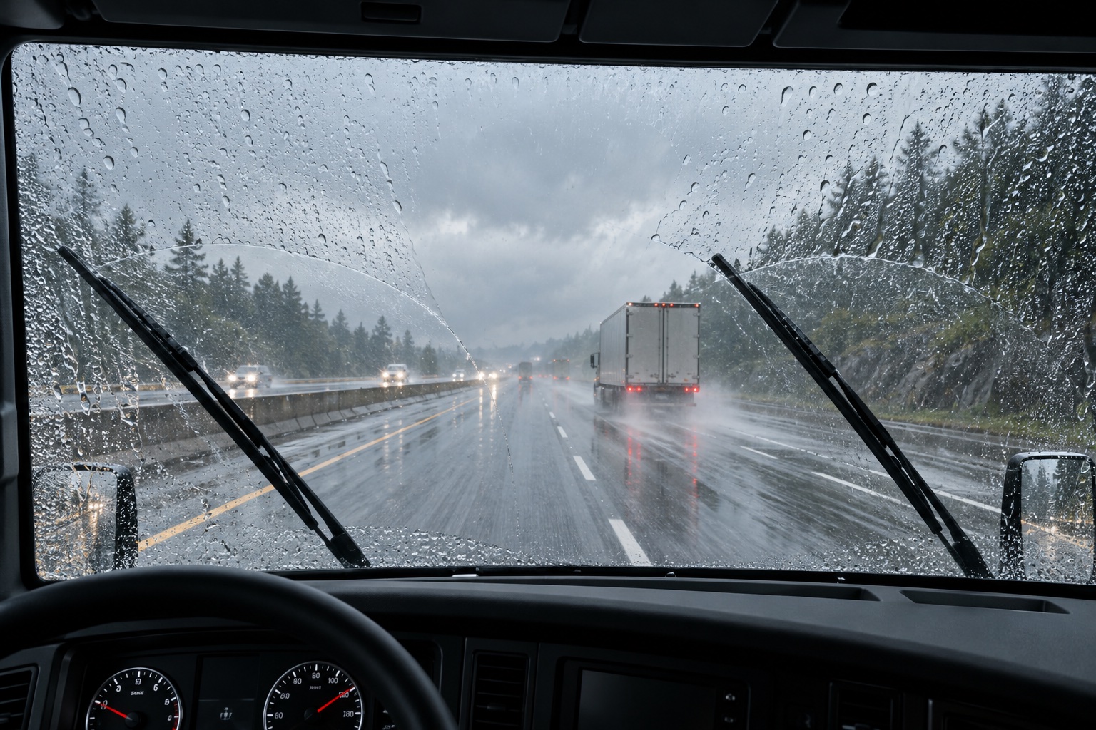 Illustration from inside a big rig, with windshield wipers clearing rain from the view of the highway